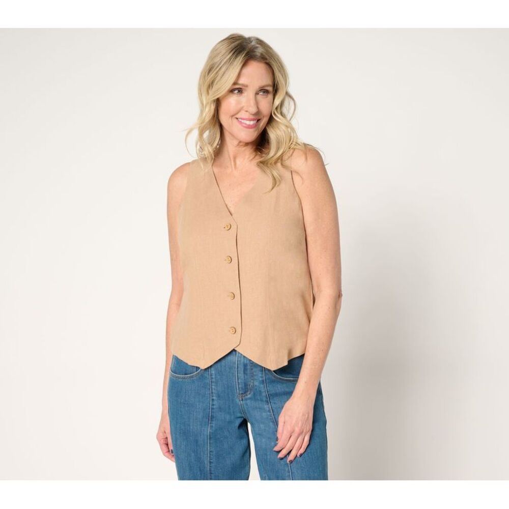 Me by Jennie Garth Women's Top Sweater Sz L Luna Linen Vest Brown A684294